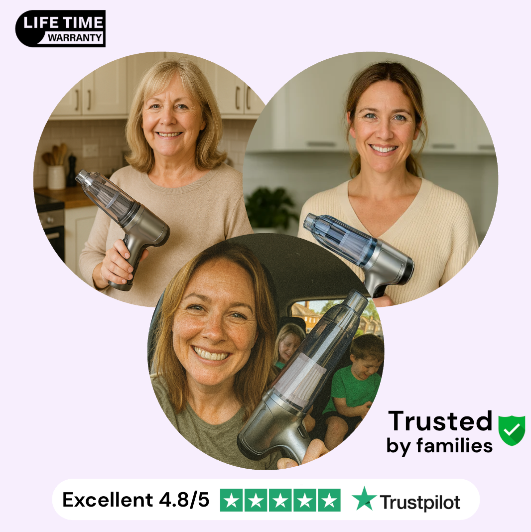 Three women using the GT40 Pro handheld vacuum at home, with a Trustpilot Excellent 4.8 rating