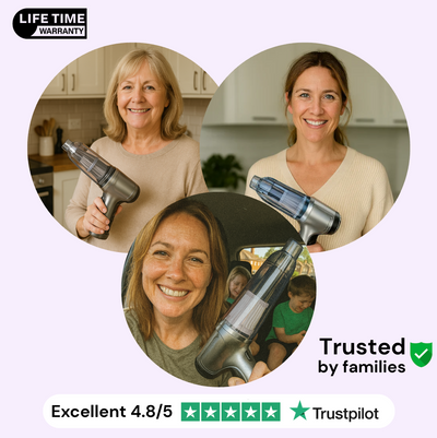 Three women using the GT40 Pro handheld vacuum at home, with a Trustpilot Excellent 4.8 rating