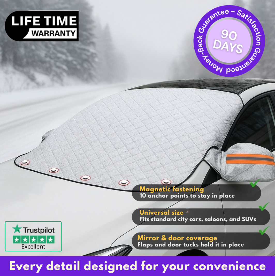 G90 PRO frost cover on a snowy windscreen with mirror covers, labelled magnetic fastening, universal size and door coverage