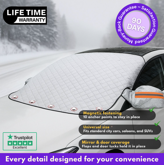 G90 PRO frost cover on a snowy windscreen with mirror covers, labelled magnetic fastening, universal size and door coverage