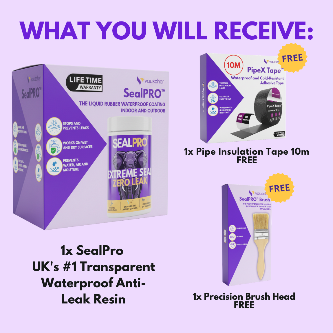 What you receive: a SealPRO pot, a Precision Brush Head and a 10 m roll of PipeX tape