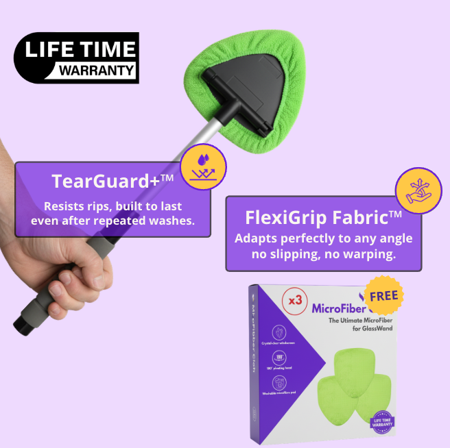 GlassWand with its Lifetime Warranty and its pack of 3 Ultra-Absorbent Microfibre Cloths