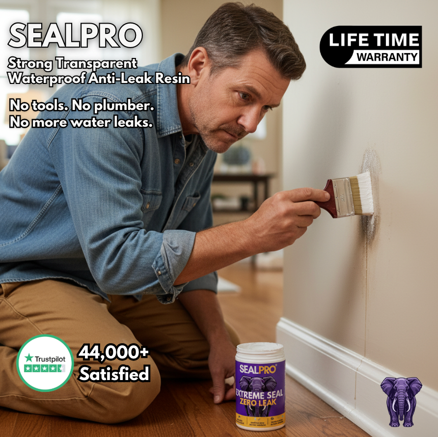 Man brushing SealPRO transparent anti-leak resin onto a wall joint, no tools or plumber needed