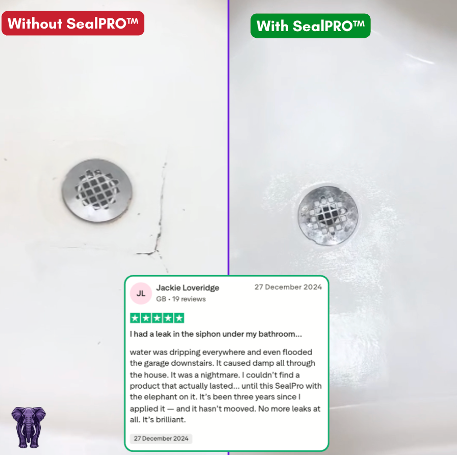 Cracked bath waste before and sealed after with SealPRO, beside a customer's 5-star review