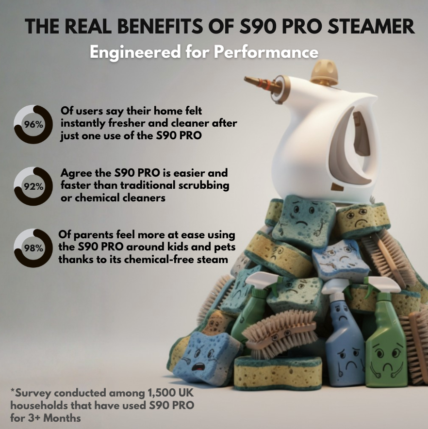 S90 PRO steamer on a pile of sponges and sprays, with survey results from 1,500 UK households