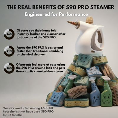 S90 PRO steamer on a pile of sponges and sprays, with survey results from 1,500 UK households