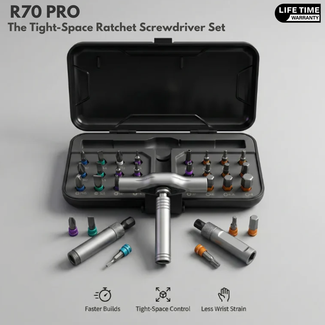 R70 PRO Tight-Space Ratchet Screwdriver Set laid out: case, ratchet head, handles and colour-coded bits