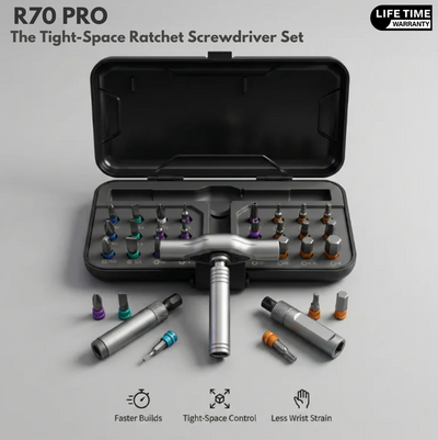 R70 PRO Tight-Space Ratchet Screwdriver Set laid out: case, ratchet head, handles and colour-coded bits