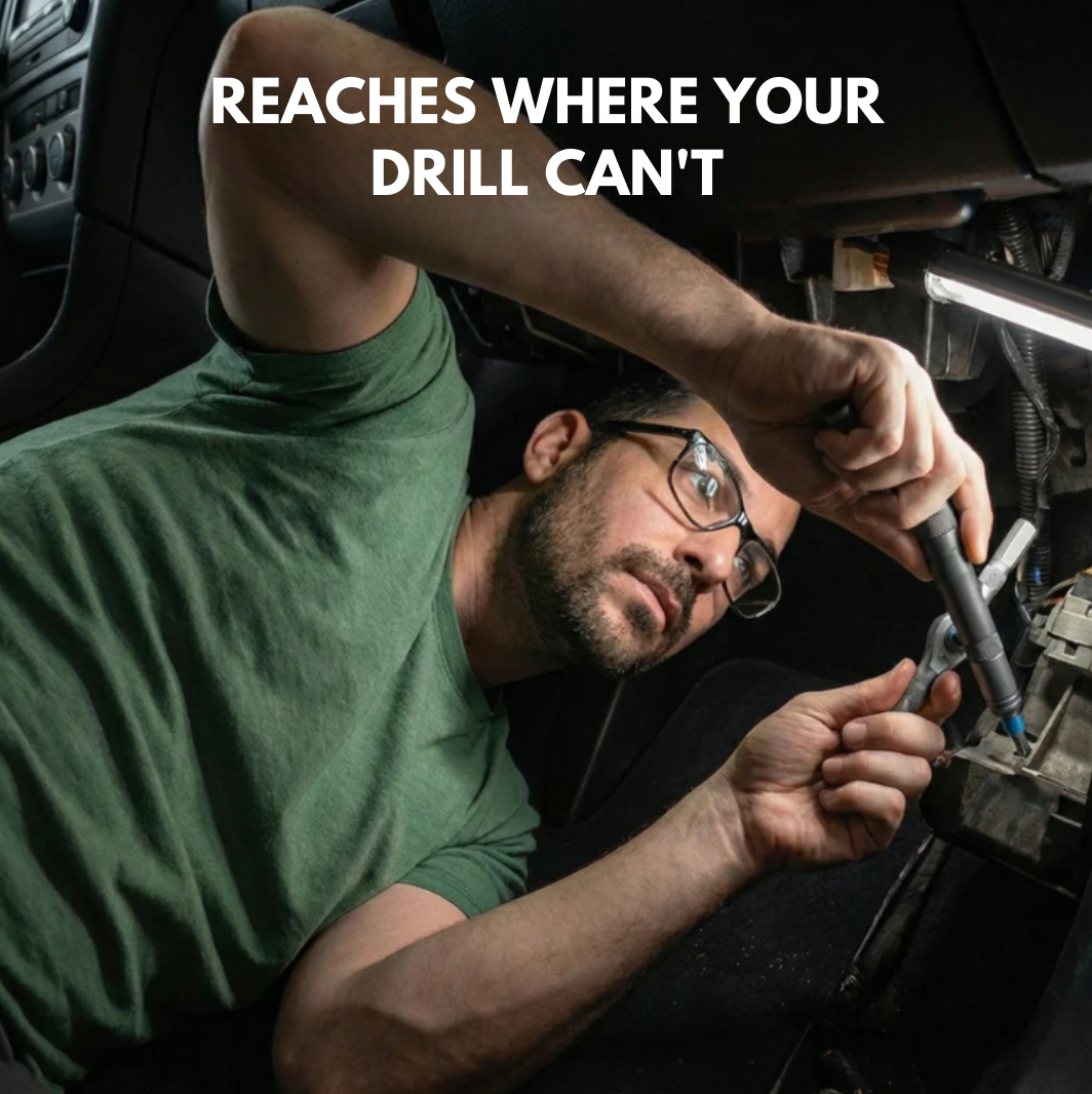 Man using the R70 PRO under a car dashboard, labelled reaches where your drill can't