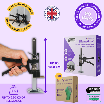 LiftingMate furniture lifter held in one hand, shown with its retail box and the protection gloves included, rated to 220 kg