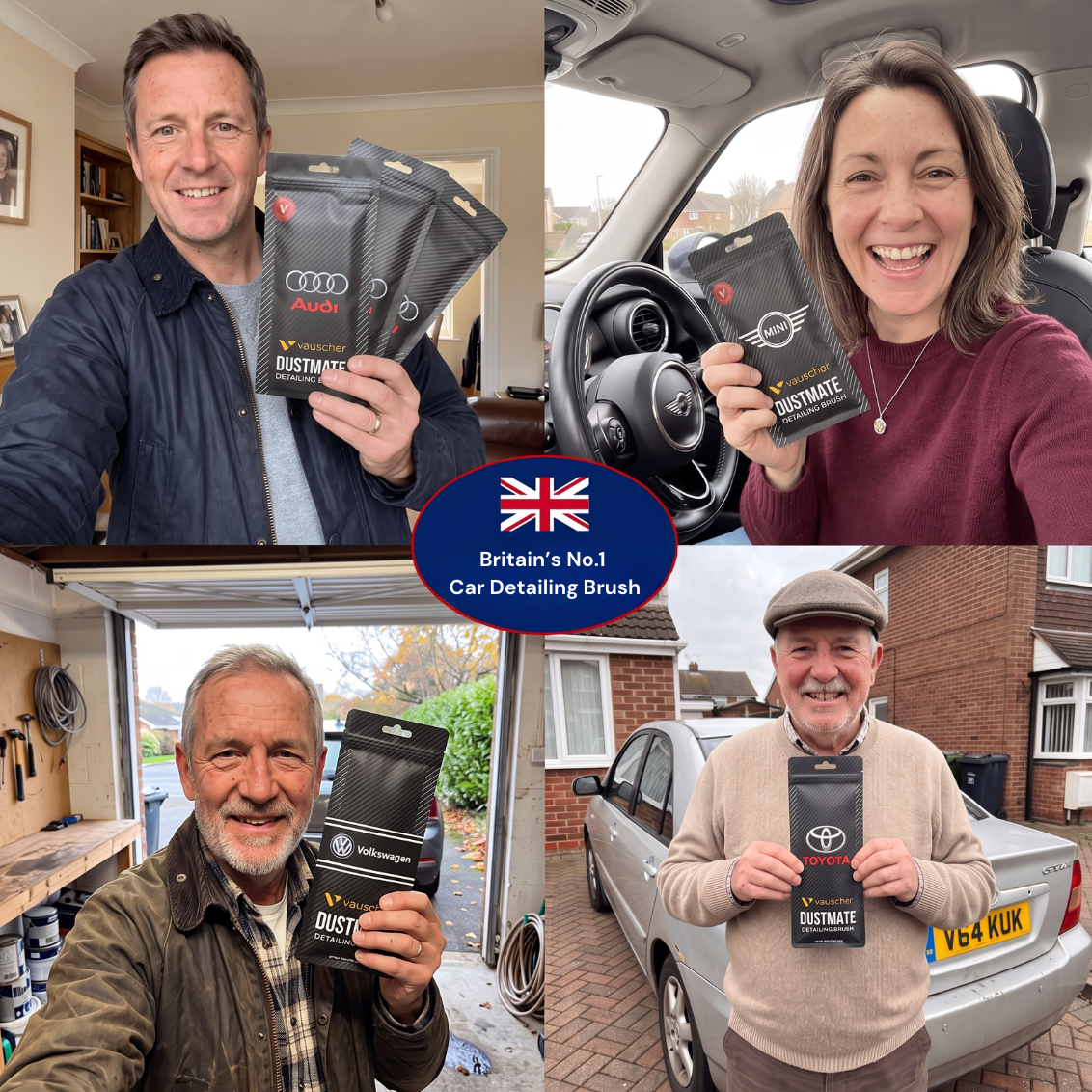 Four people holding DustMate car detailing brushes in their black pouches, at home and next to their cars