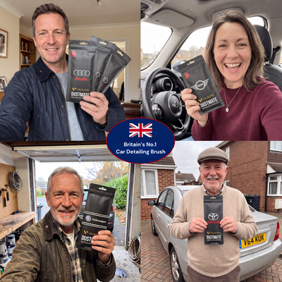 Four people holding DustMate car detailing brushes in their black pouches, at home and next to their cars