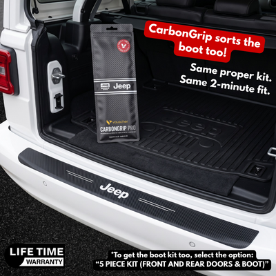 CarbonGrip PRO carbon fibre boot sill protector with Jeep logo fitted on a white car, its pack resting in the boot