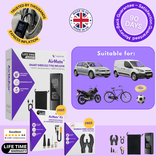 AirMate cordless tyre inflator with its box, AirMate Kit nozzles and pouch, for cars, vans, motorbikes, bikes and balls