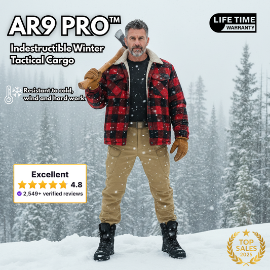 Man in AR9 PRO winter tactical cargo trousers carrying an axe through a snowy forest