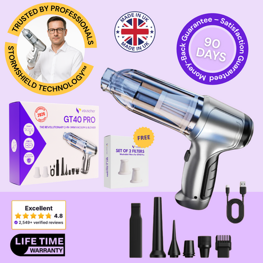 GT40 PRO cordless car vacuum and air blower with its box, nozzles, charging cable and a free set of 2 filters