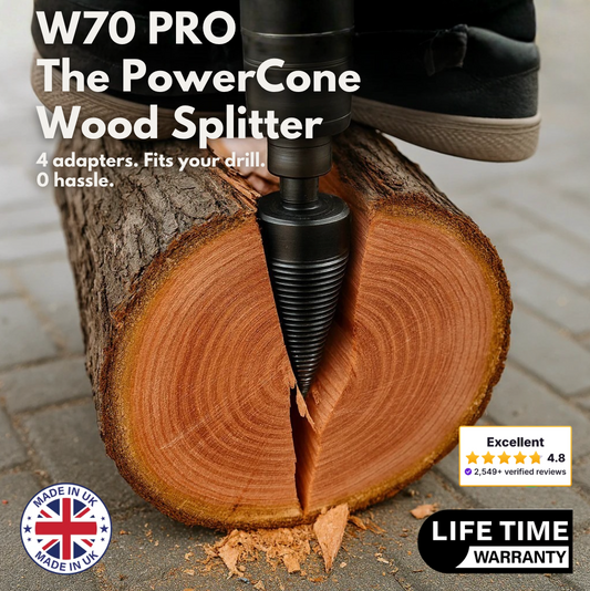 W70 PRO PowerCone wood splitter drill bit splitting a log on a paved floor
