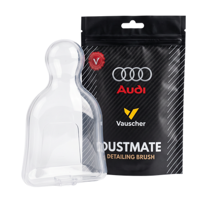 DustMate clear protective case next to the black DustMate pouch with an Audi logo