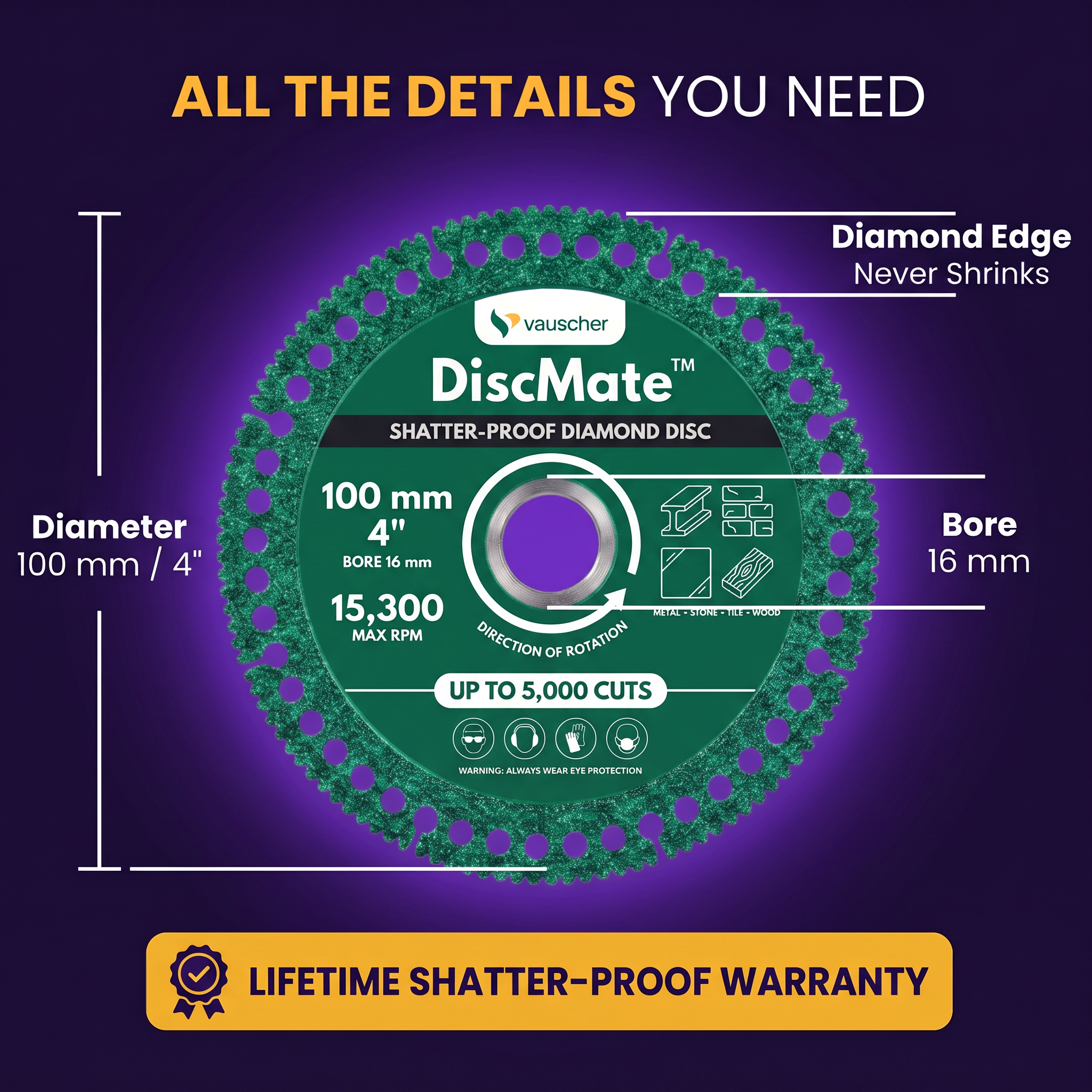 DiscMate 100 mm (4 inch) green disc with 16 mm bore and diamond edge, size diagram