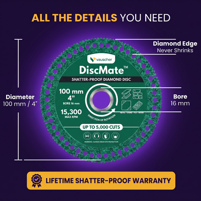 DiscMate 100 mm (4 inch) green disc with 16 mm bore and diamond edge, size diagram