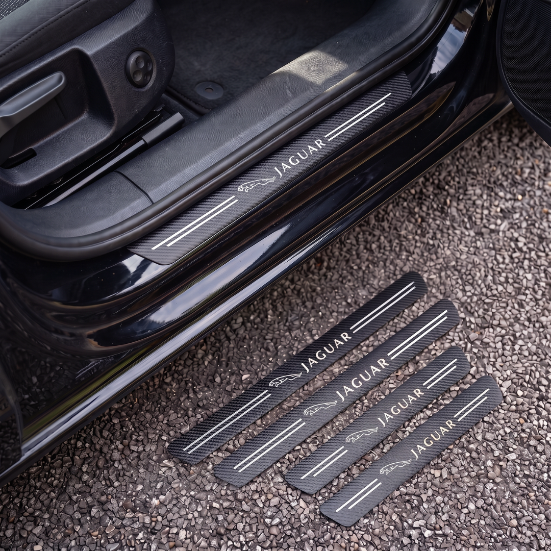 CarbonGrip PRO door sill protectors with Jaguar logo: one fitted on the sill, set of 4 on the ground